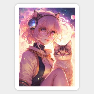 Cute Anime girl with her kawaii cat Sticker